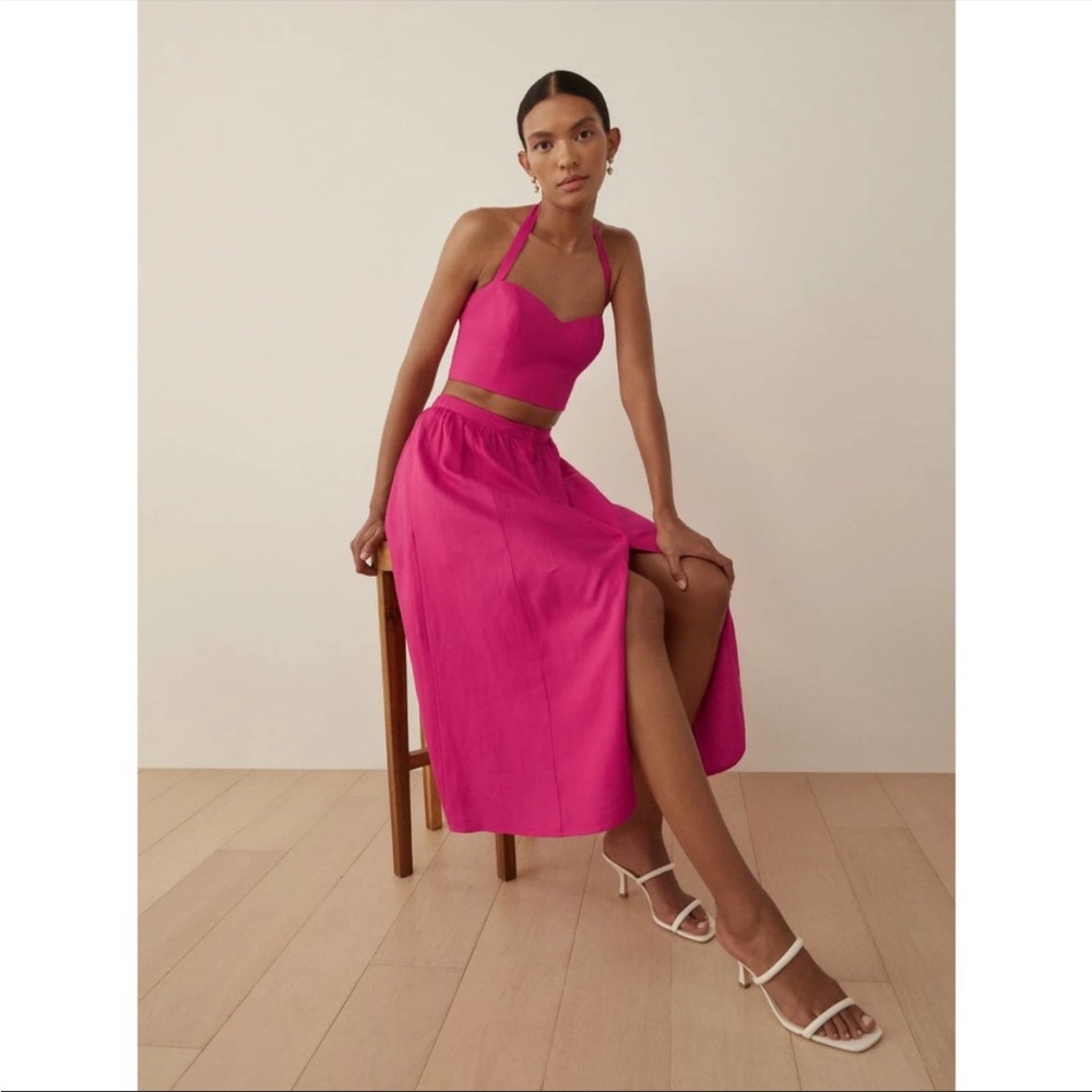 Reformation Orzo Pink Linen Two Piece Midi Skirt and Crop Top Set Size 10